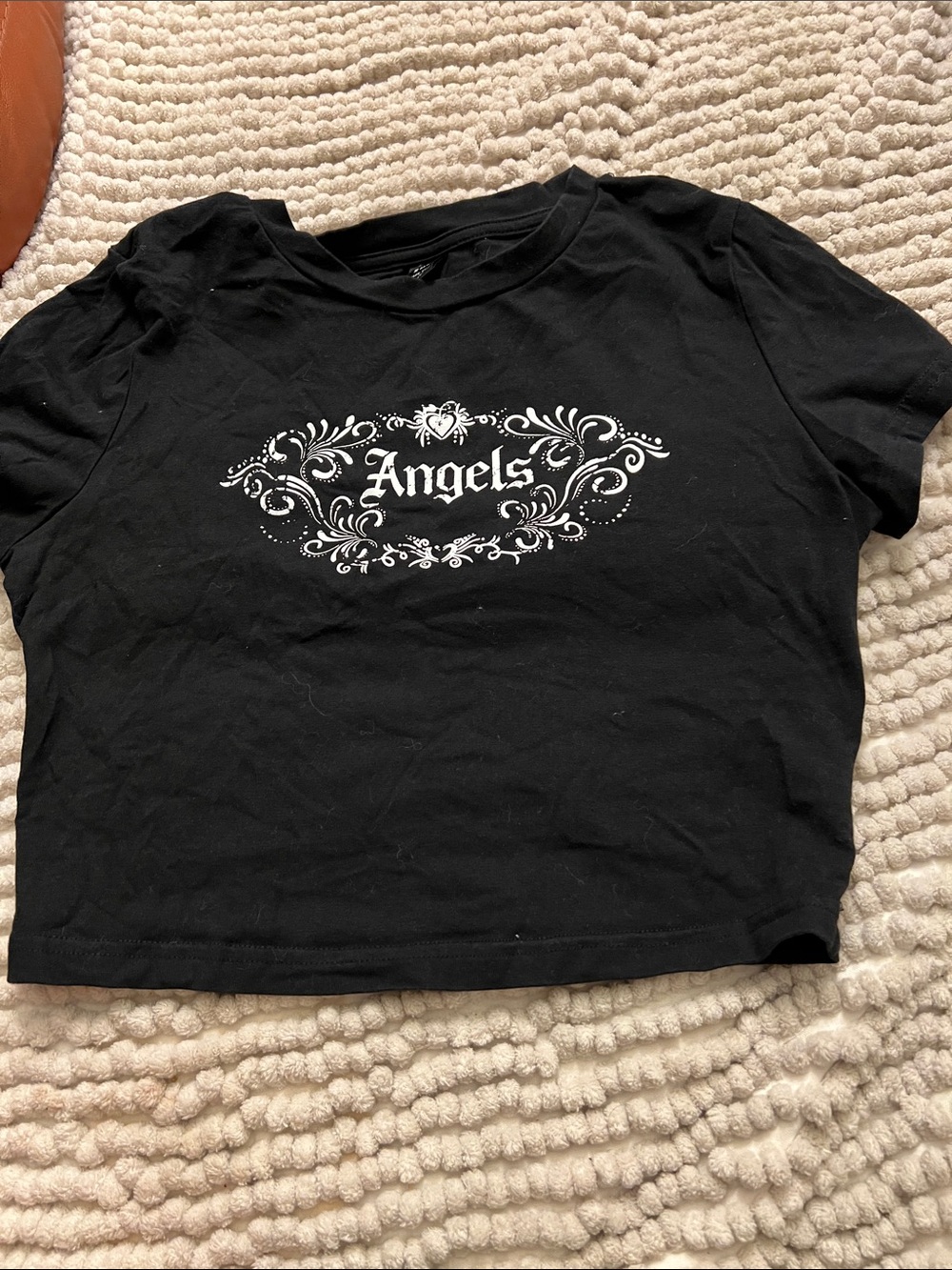 SHEIN Black Tee with White 'Angels' Ornate Graphic